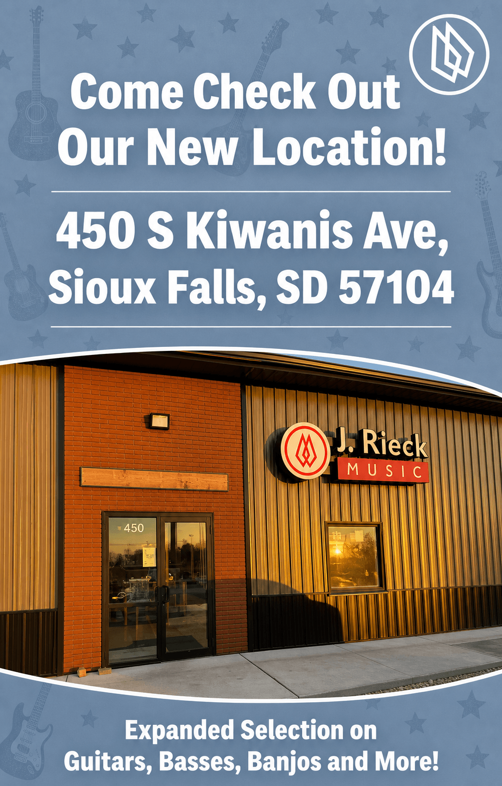 Come check out our new location! 450 S Kiwanis Ave, Sioux Falls, SD 57104. Expanded selection on Guitars, Basses, Banjos and more!
